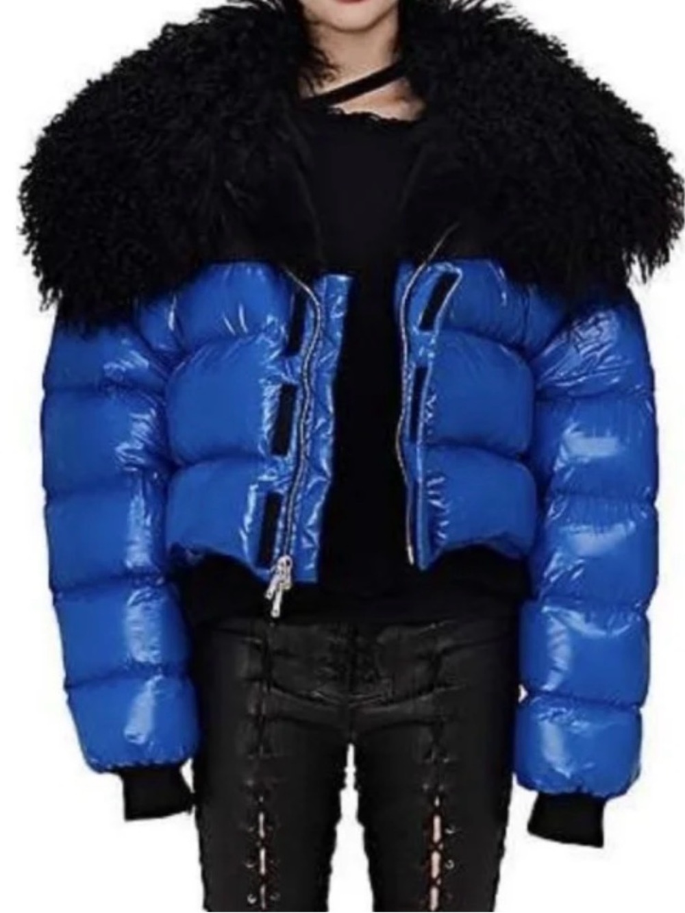Blue Down Puffer Jacket with Black Fur Collar